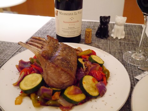 Rack of lamb with roasted mixed vegetables: courgettes, red onions, paprika tricolore & cherry tomatoes